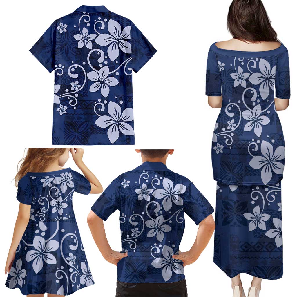 Plumeria Floral Tapa Pattern Navy Blue Family Matching Puletasi and Hawaiian Shirt LT01 - Polynesian Pride