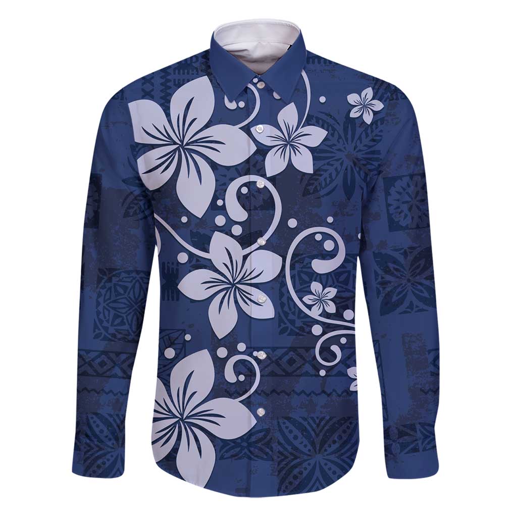 Plumeria Floral Tapa Pattern Navy Blue Family Matching Puletasi and Hawaiian Shirt LT01 Dad's Shirt - Long Sleeve Blue - Polynesian Pride