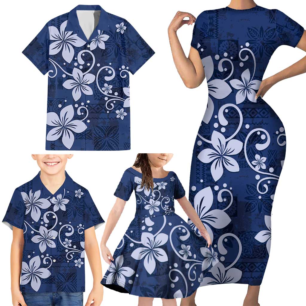 Plumeria Floral Tapa Pattern Navy Blue Family Matching Short Sleeve Bodycon Dress and Hawaiian Shirt LT01 - Polynesian Pride