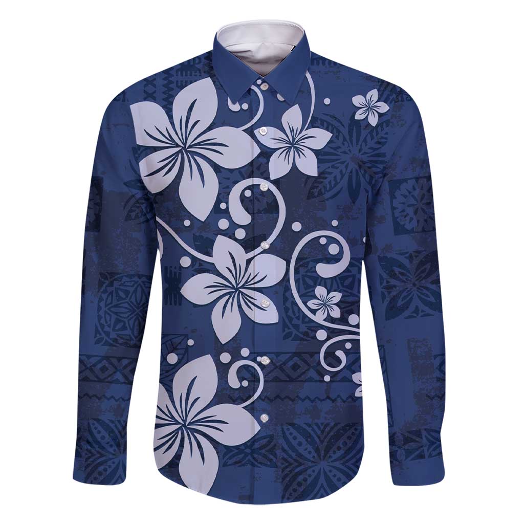 Plumeria Floral Tapa Pattern Navy Blue Family Matching Short Sleeve Bodycon Dress and Hawaiian Shirt LT01 Dad's Shirt - Long Sleeve Blue - Polynesian Pride