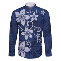 Plumeria Floral Tapa Pattern Navy Blue Family Matching Short Sleeve Bodycon Dress and Hawaiian Shirt LT01 Dad's Shirt - Long Sleeve Blue - Polynesian Pride