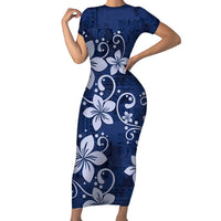 Plumeria Floral Tapa Pattern Navy Blue Family Matching Short Sleeve Bodycon Dress and Hawaiian Shirt LT01 Mom's Dress Blue - Polynesian Pride