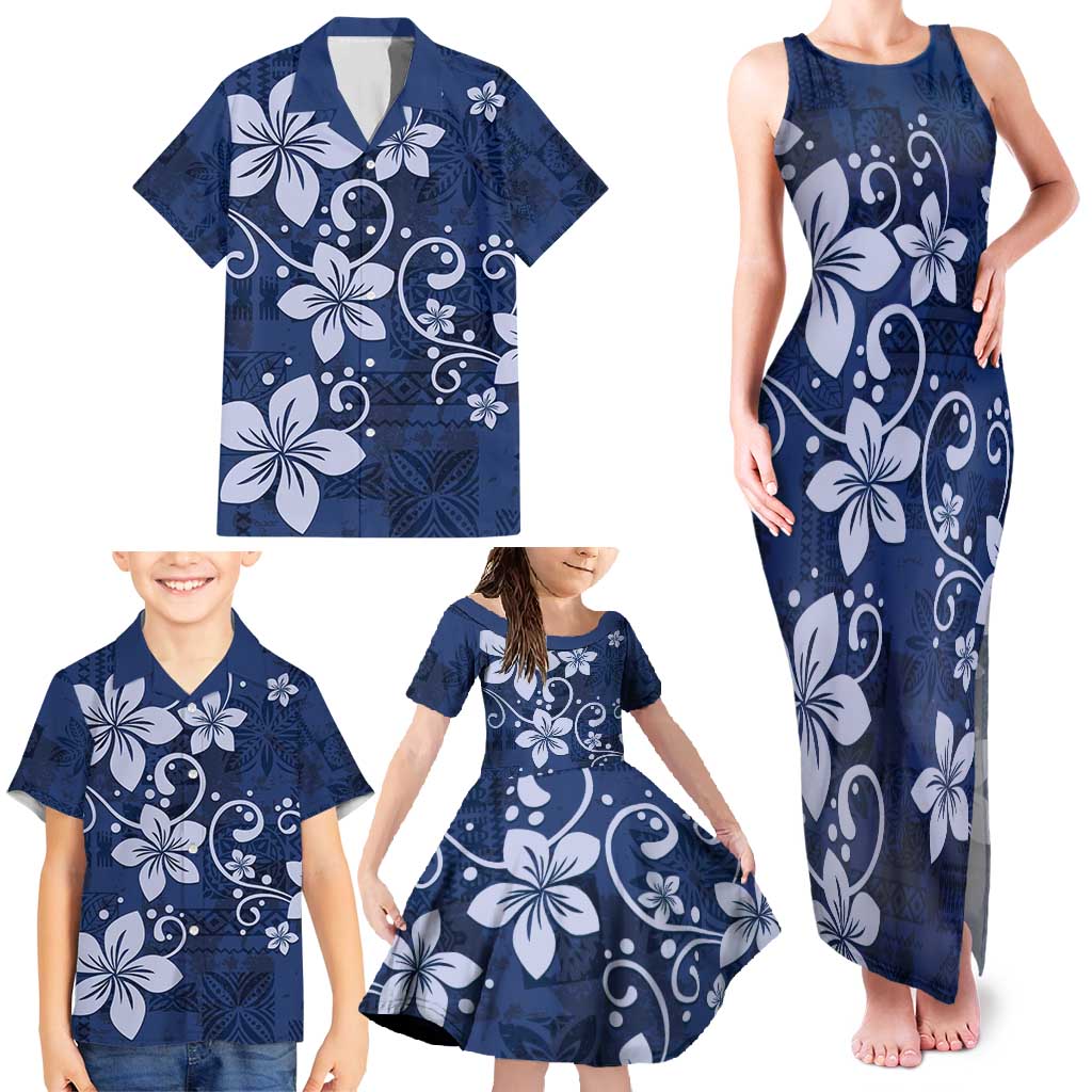 Plumeria Floral Tapa Pattern Navy Blue Family Matching Tank Maxi Dress and Hawaiian Shirt
