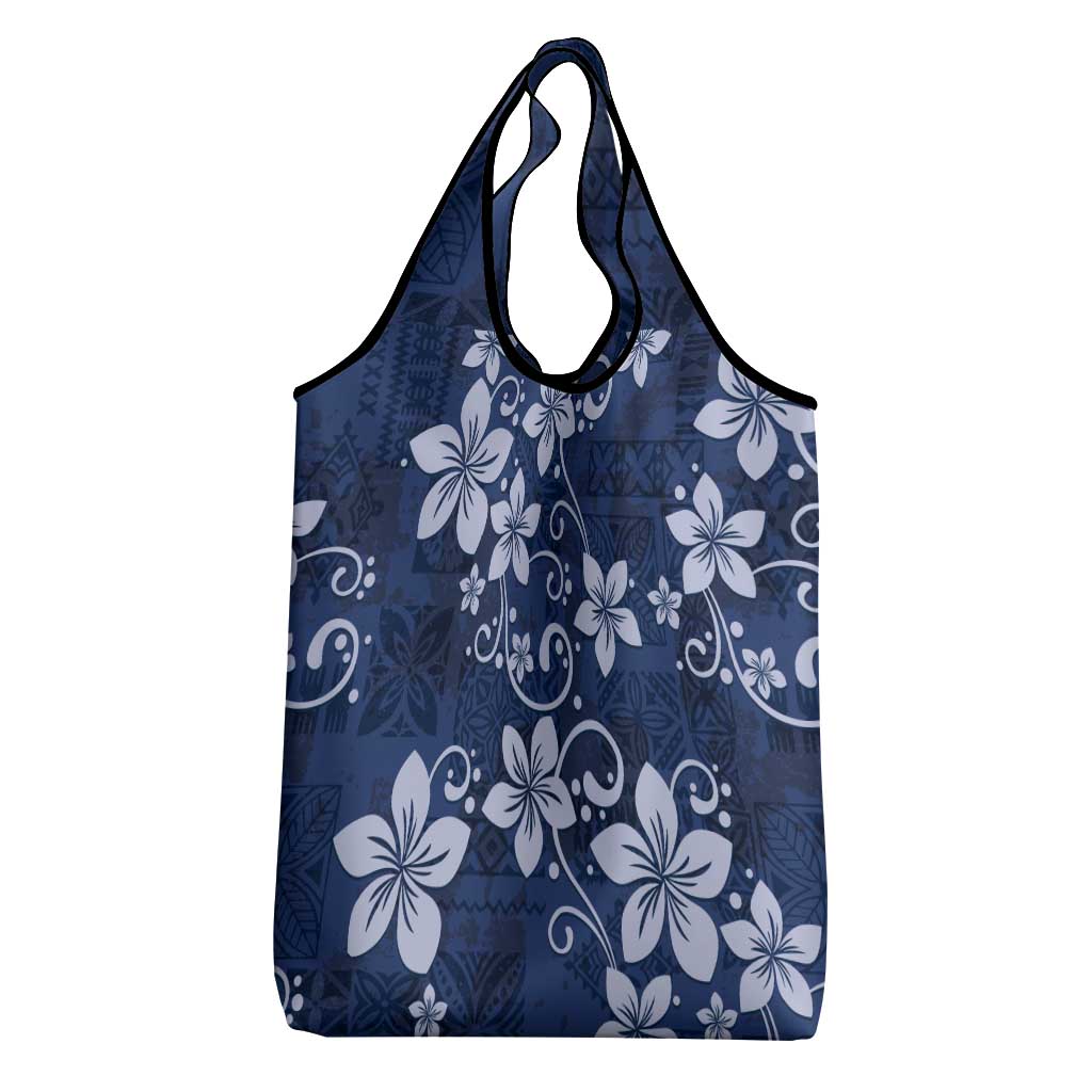 Plumeria Floral Tapa Pattern Navy Blue Grocery Bag