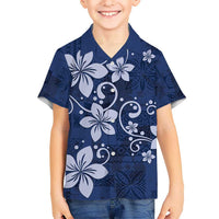 Plumeria Floral Tapa Pattern Navy Blue Kid Hawaiian Shirt