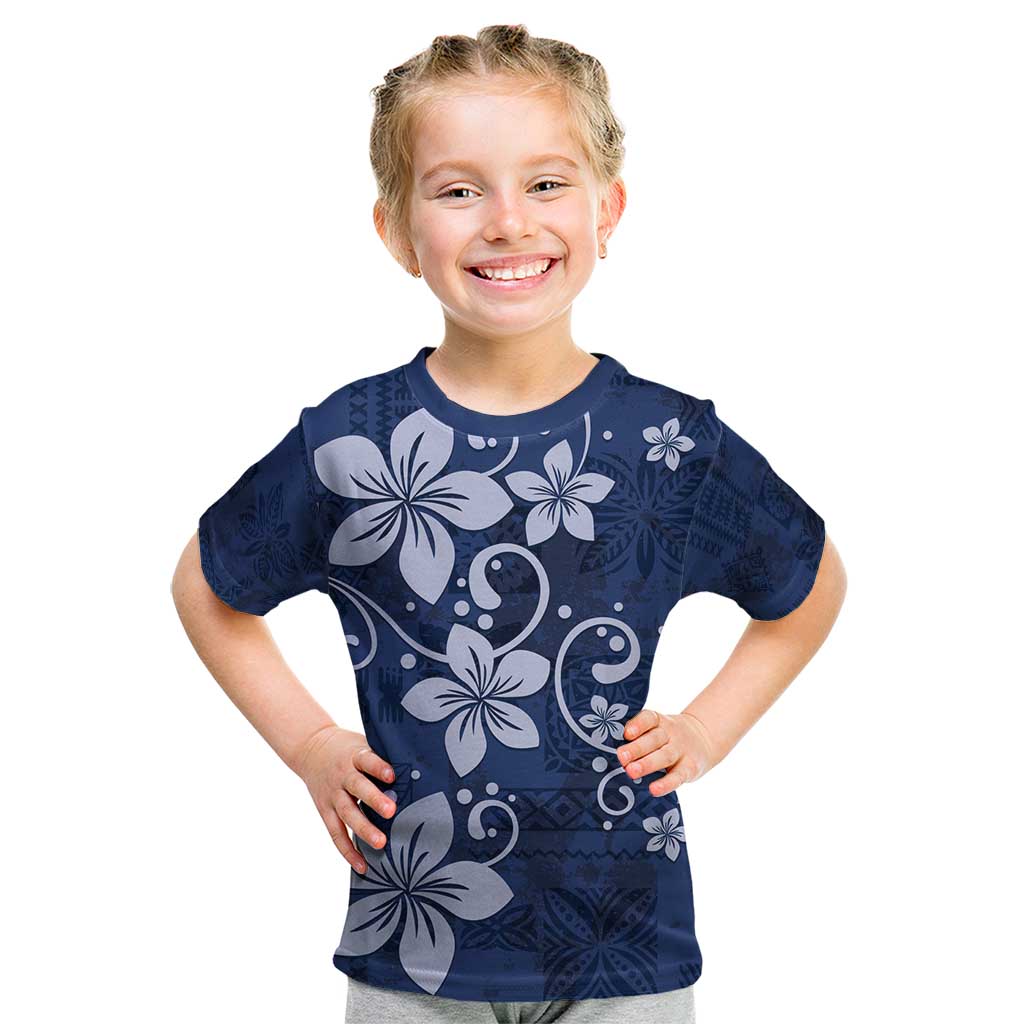 Plumeria Floral Tapa Pattern Navy Blue Kid T Shirt