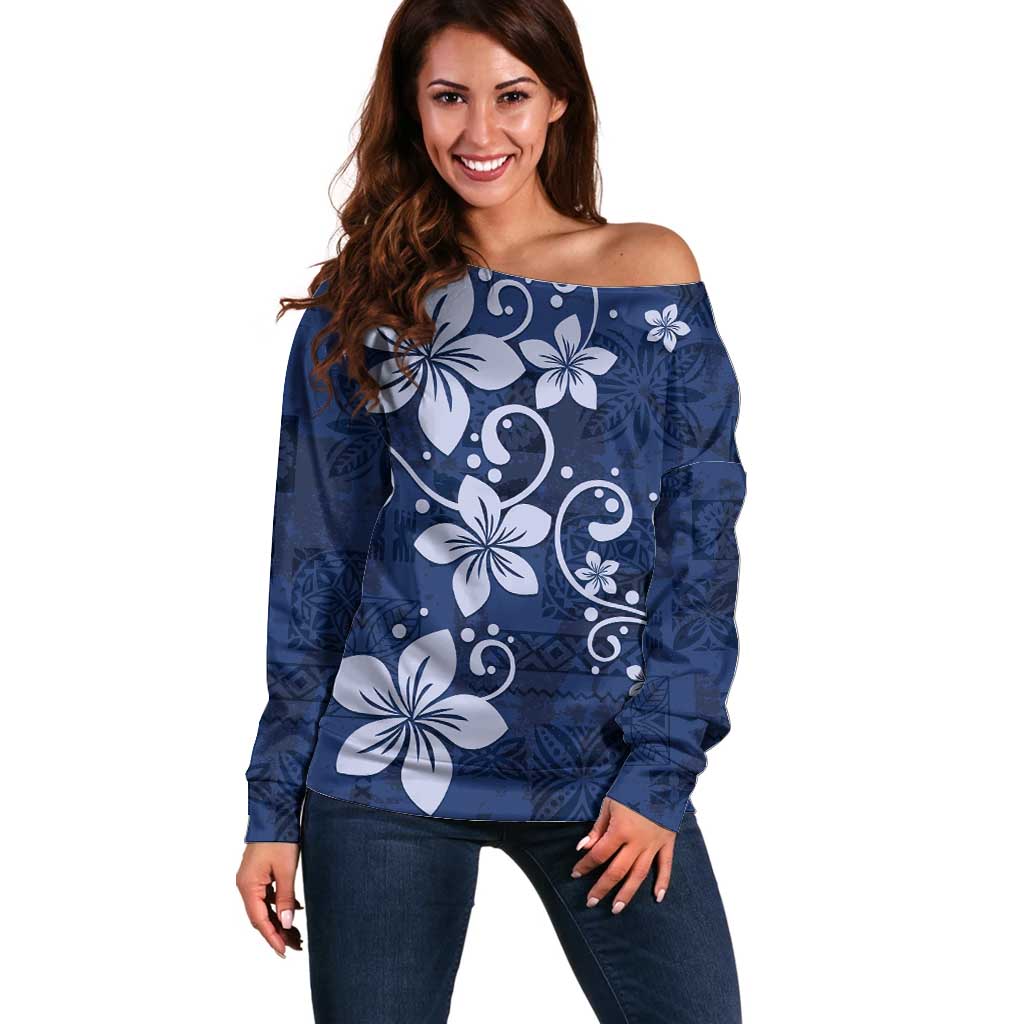 Plumeria Floral Tapa Pattern Navy Blue Off Shoulder Sweater