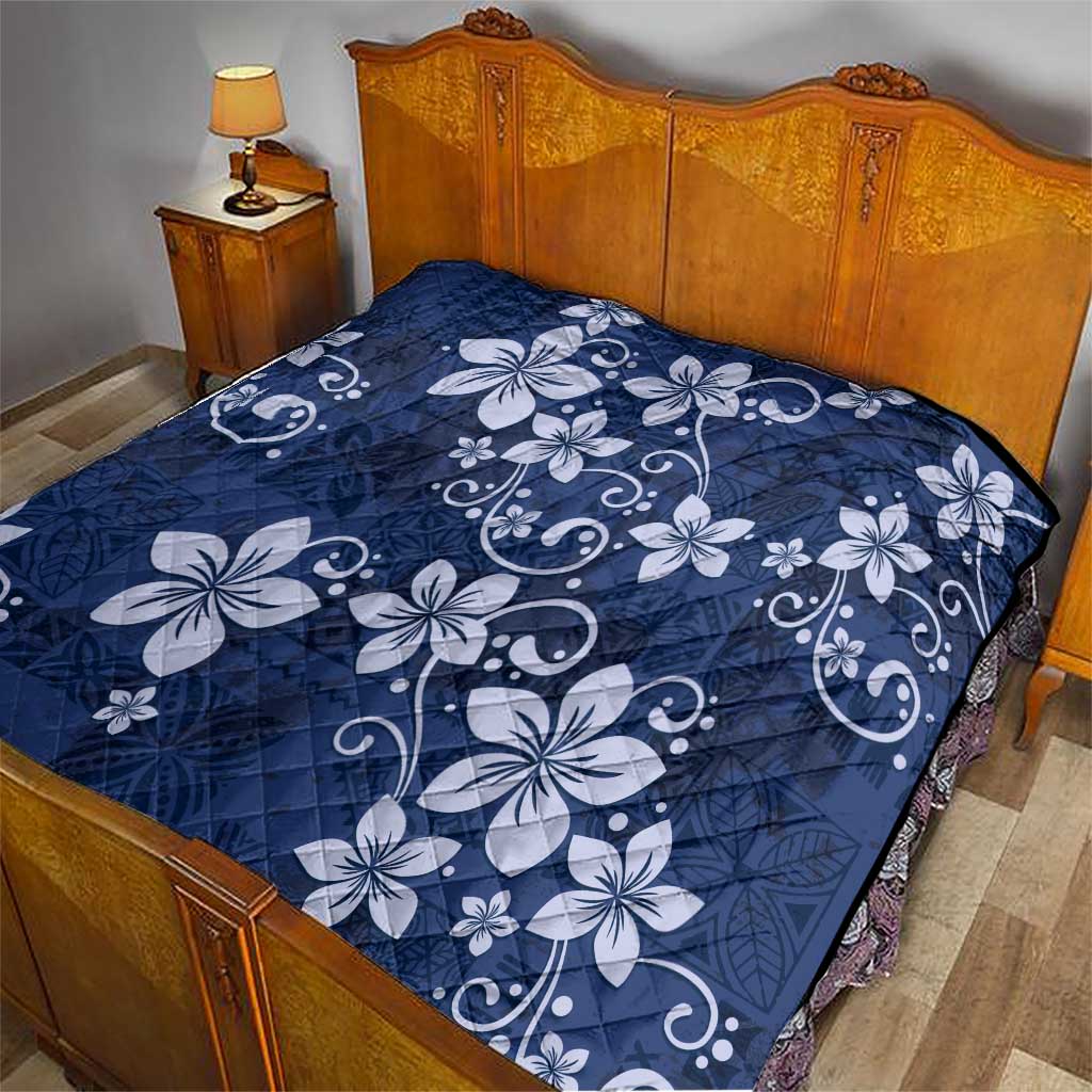 Plumeria Floral Tapa Pattern Navy Blue Quilt LT01 - Polynesian Pride