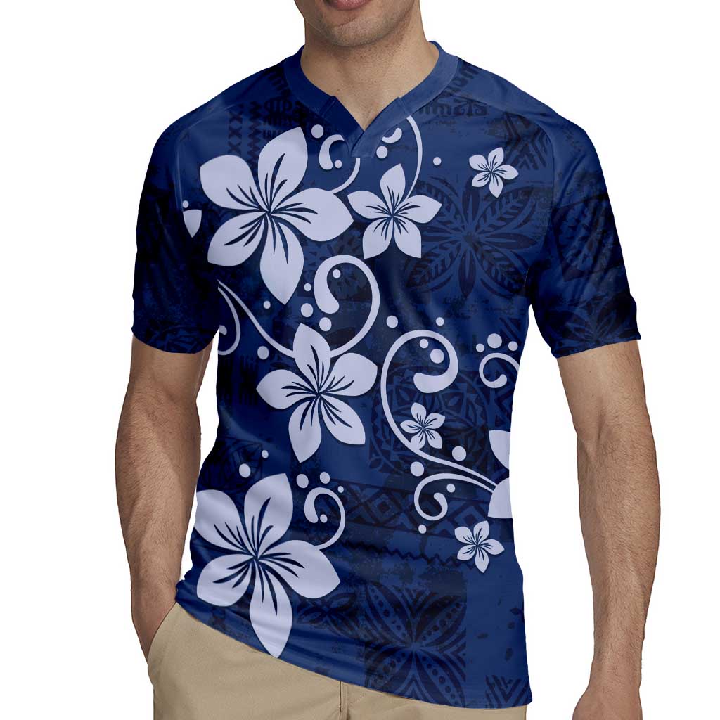 Plumeria Floral Tapa Pattern Navy Blue Rugby Jersey