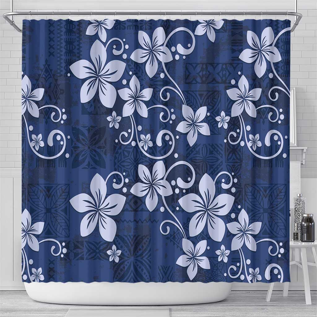 Plumeria Floral Tapa Pattern Navy Blue Shower Curtain