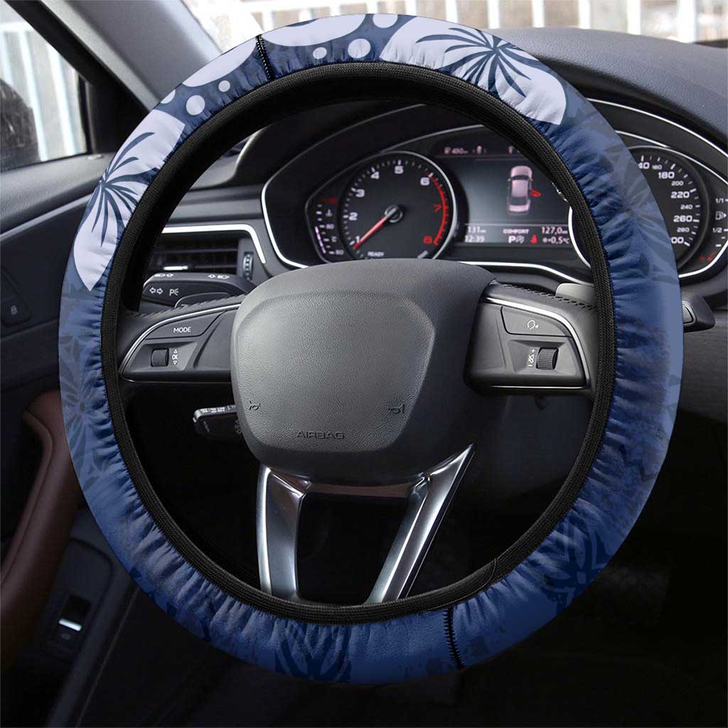 Plumeria Floral Tapa Pattern Navy Blue Steering Wheel Cover