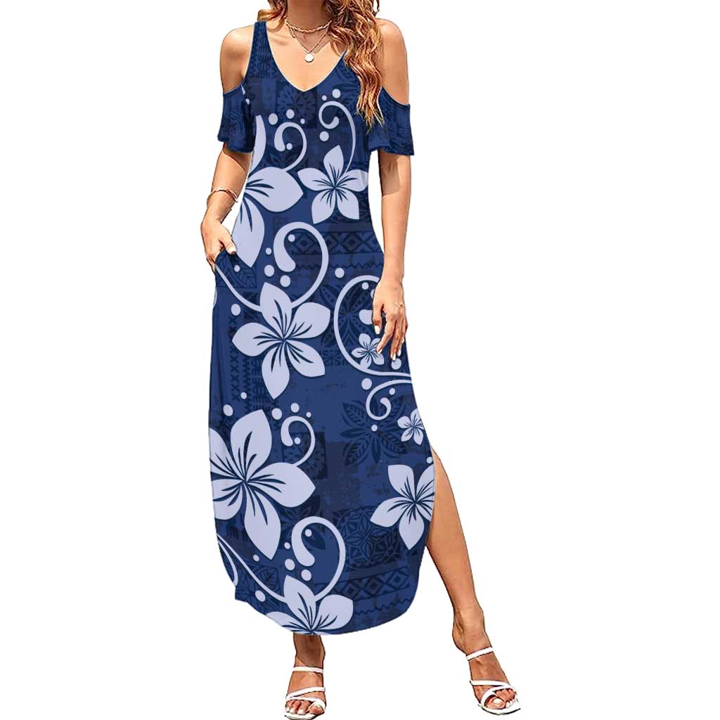 Plumeria Floral Tapa Pattern Navy Blue Summer Maxi Dress