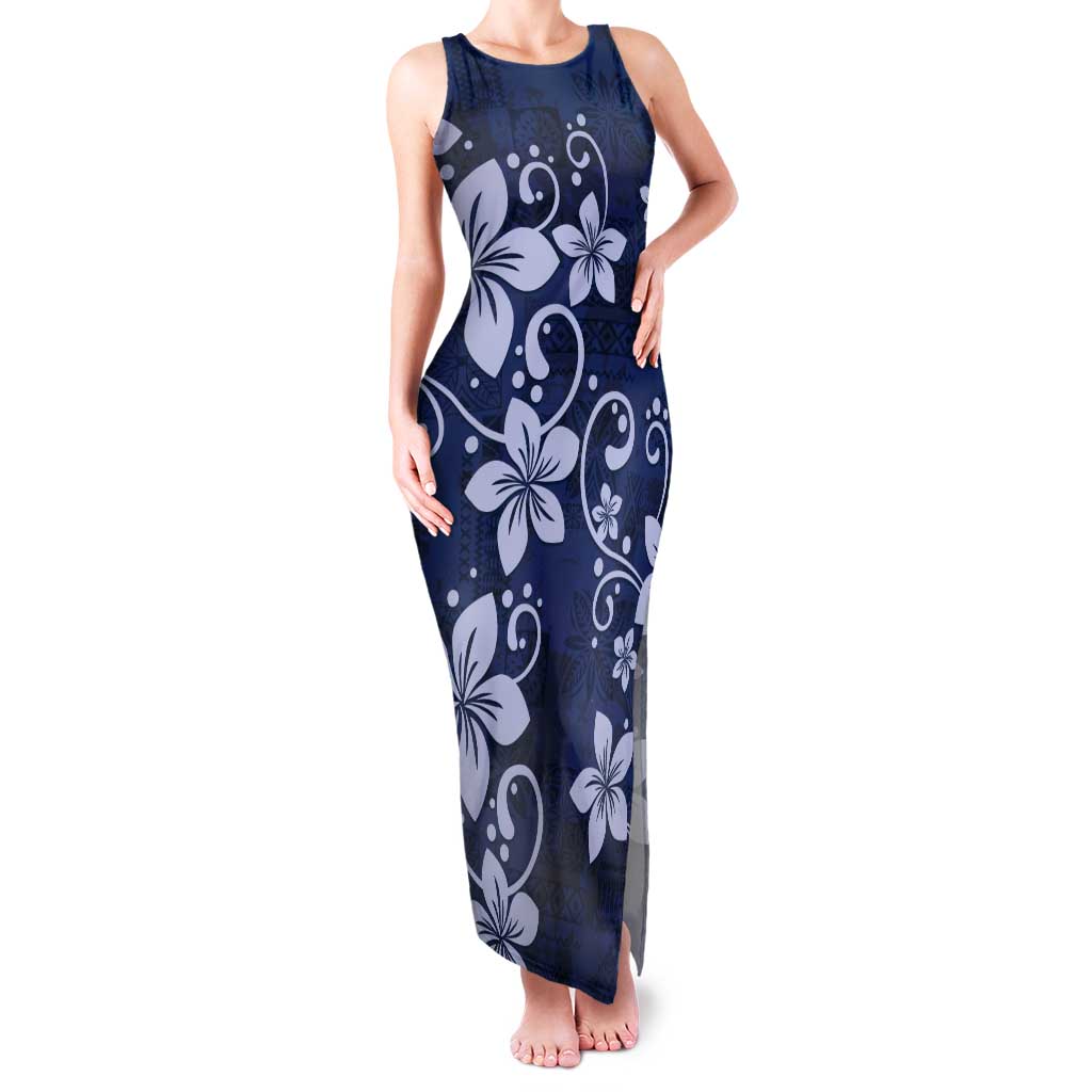 Plumeria Floral Tapa Pattern Navy Blue Tank Maxi Dress
