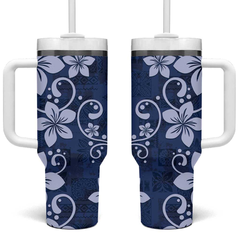 Plumeria Floral Tapa Pattern Navy Blue Tumbler With Handle