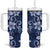 Plumeria Floral Tapa Pattern Navy Blue Tumbler With Handle