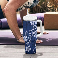 Plumeria Floral Tapa Pattern Navy Blue Tumbler With Handle