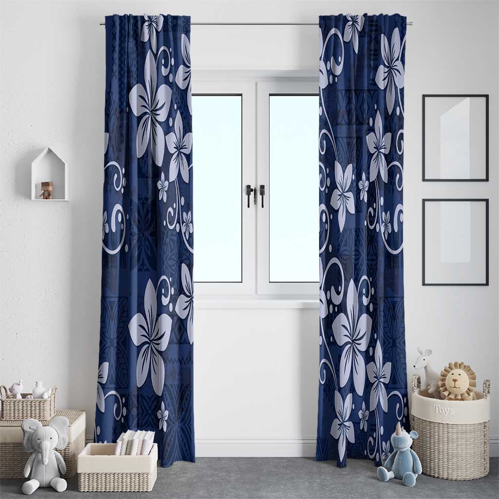 Plumeria Floral Tapa Pattern Navy Blue Window Curtain