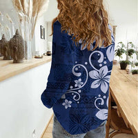 Plumeria Floral Tapa Pattern Navy Blue Women Casual Shirt