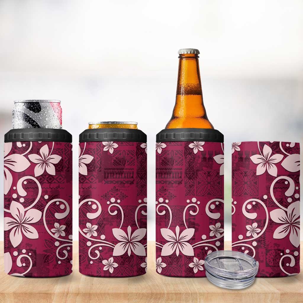 Plumeria Floral Tapa Pattern Ruby Pink 4 in 1 Can Cooler Tumbler