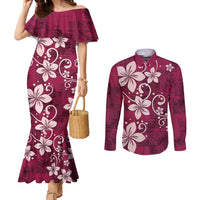 Plumeria Floral Tapa Pattern Ruby Pink Couples Matching Mermaid Dress and Long Sleeve Button Shirt LT01 Pink - Polynesian Pride