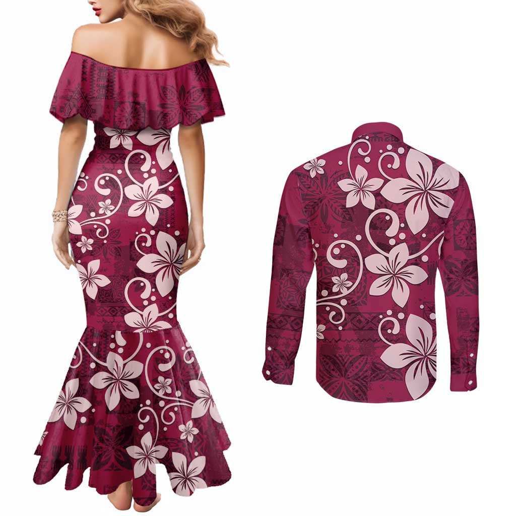 Plumeria Floral Tapa Pattern Ruby Pink Couples Matching Mermaid Dress and Long Sleeve Button Shirt LT01 - Polynesian Pride