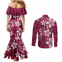 Plumeria Floral Tapa Pattern Ruby Pink Couples Matching Mermaid Dress and Long Sleeve Button Shirt LT01 - Polynesian Pride