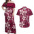 Plumeria Floral Tapa Pattern Ruby Pink Couples Matching Off Shoulder Maxi Dress and Hawaiian Shirt