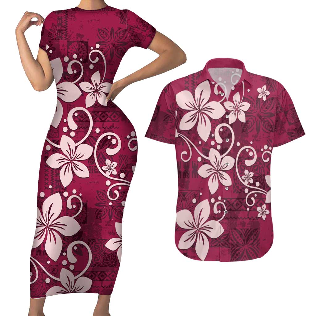 Plumeria Floral Tapa Pattern Ruby Pink Couples Matching Short Sleeve Bodycon Dress and Hawaiian Shirt