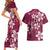 Plumeria Floral Tapa Pattern Ruby Pink Couples Matching Short Sleeve Bodycon Dress and Hawaiian Shirt