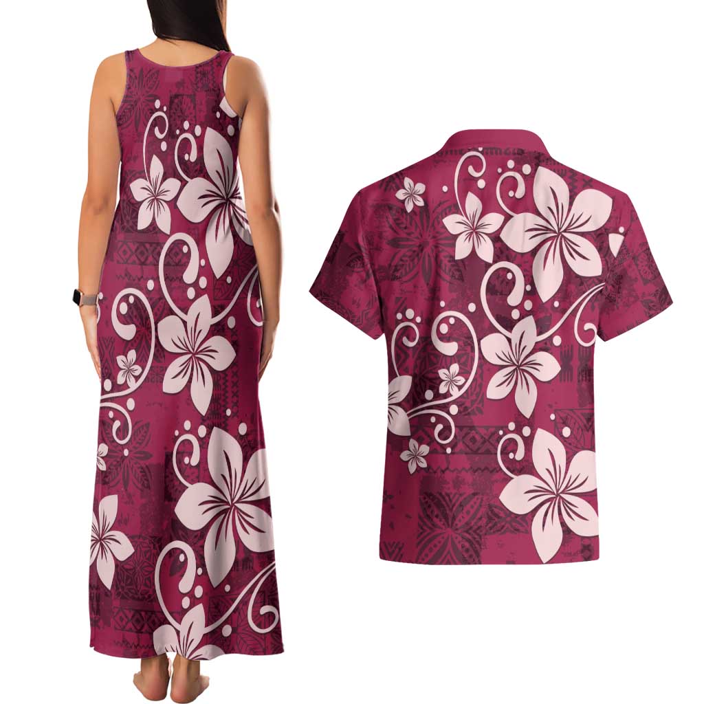 Plumeria Floral Tapa Pattern Ruby Pink Couples Matching Tank Maxi Dress and Hawaiian Shirt LT01 - Polynesian Pride