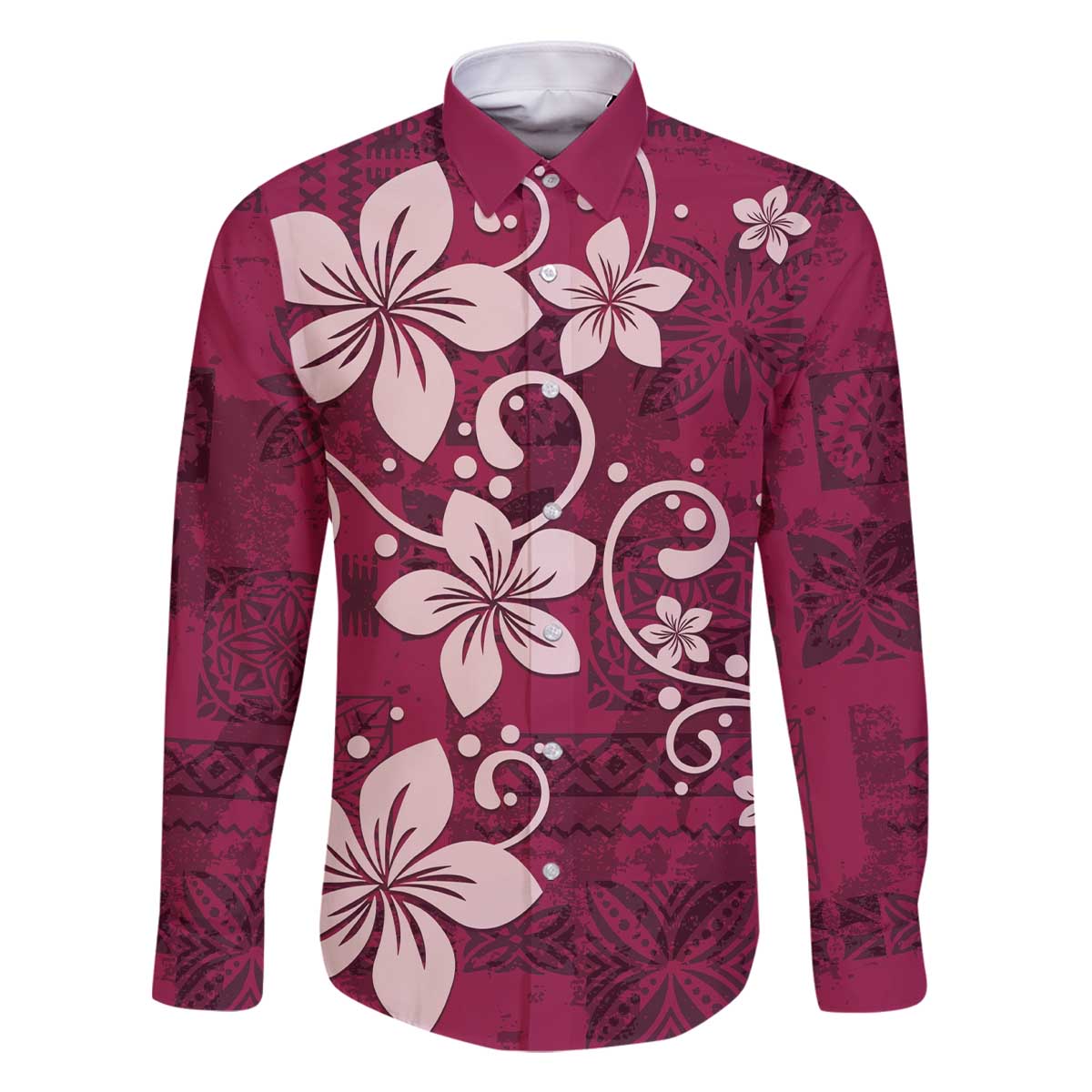 Plumeria Floral Tapa Pattern Ruby Pink Family Matching Off The Shoulder Long Sleeve Dress and Hawaiian Shirt