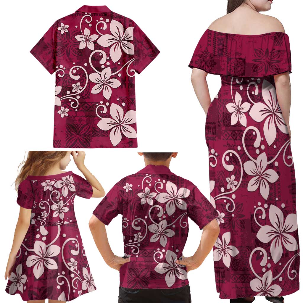 Plumeria Floral Tapa Pattern Ruby Pink Family Matching Off Shoulder Maxi Dress and Hawaiian Shirt
