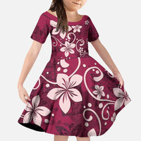 Plumeria Floral Tapa Pattern Ruby Pink Family Matching Short Sleeve Bodycon Dress and Hawaiian Shirt