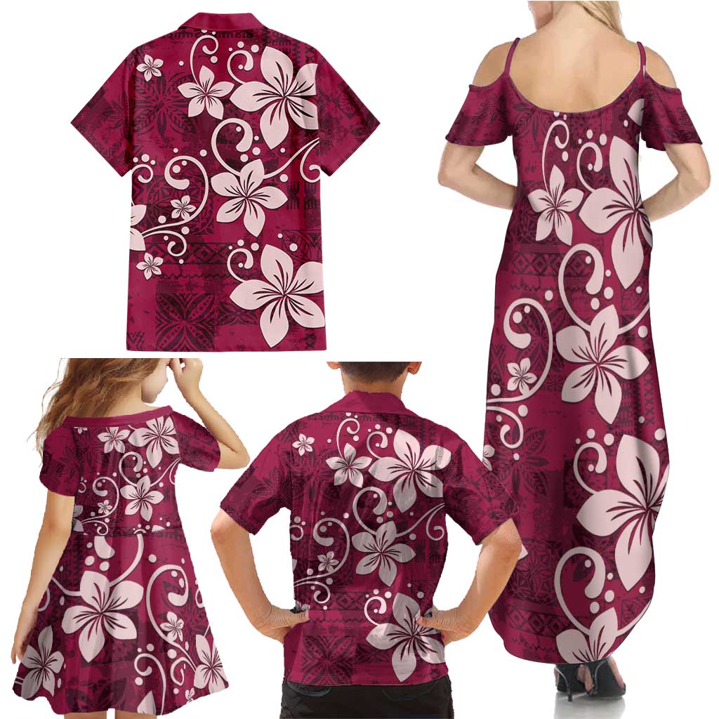 Plumeria Floral Tapa Pattern Ruby Pink Family Matching Summer Maxi Dress and Hawaiian Shirt