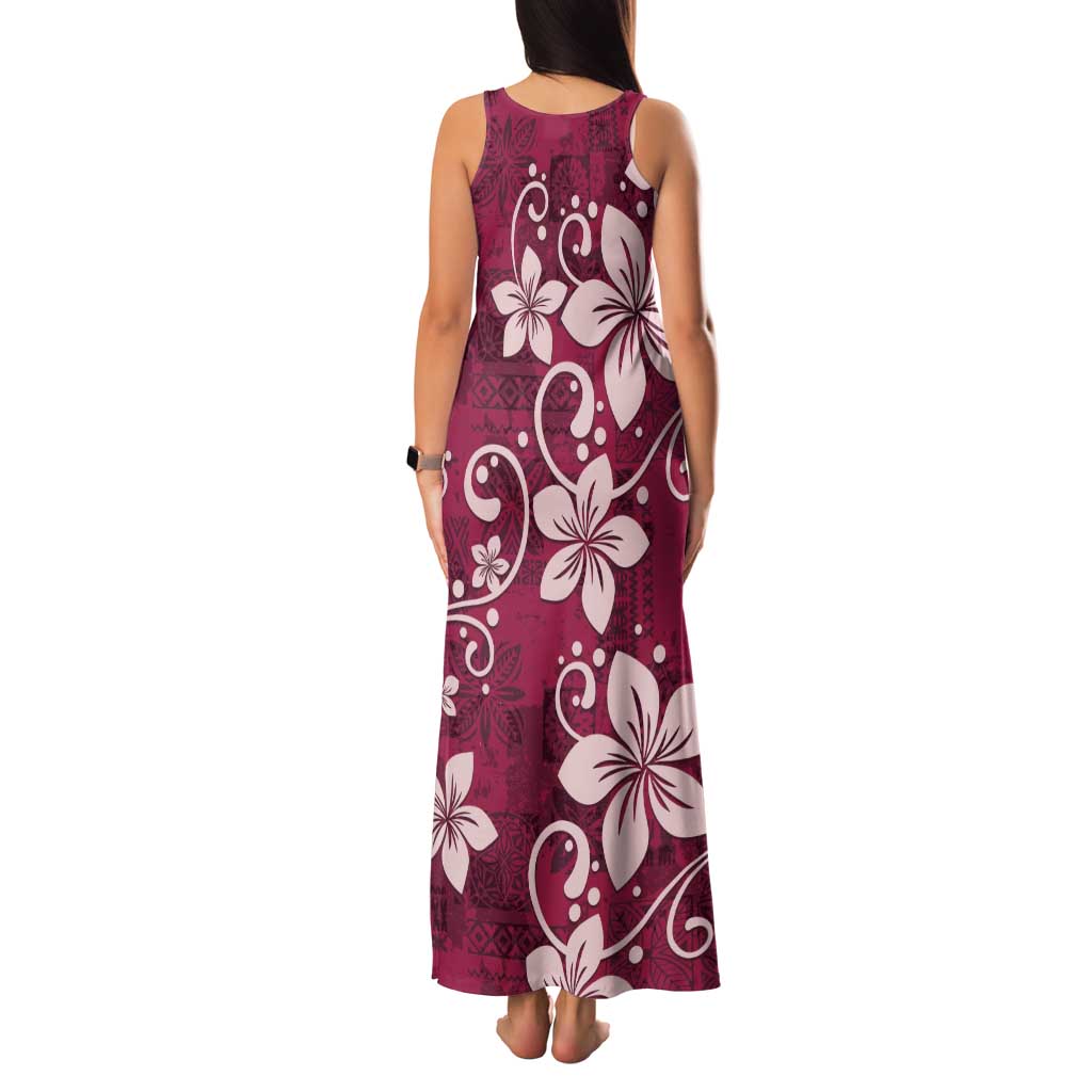 Plumeria Floral Tapa Pattern Ruby Pink Family Matching Tank Maxi Dress and Hawaiian Shirt