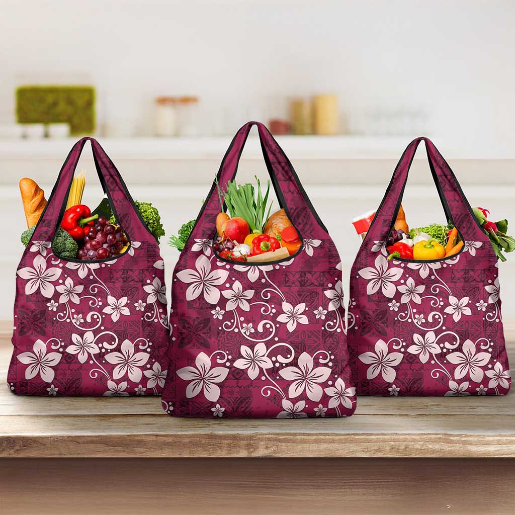 Plumeria Floral Tapa Pattern Ruby Pink Grocery Bag