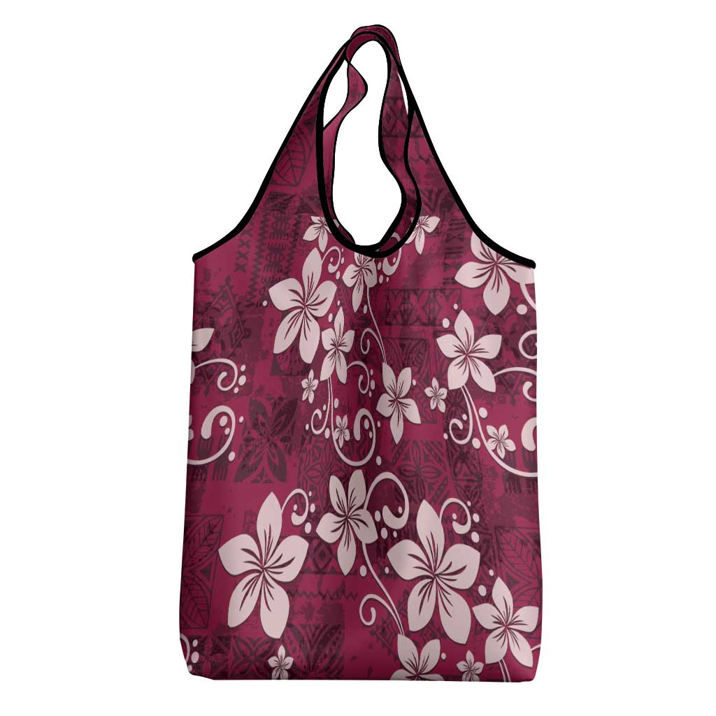 Plumeria Floral Tapa Pattern Ruby Pink Grocery Bag