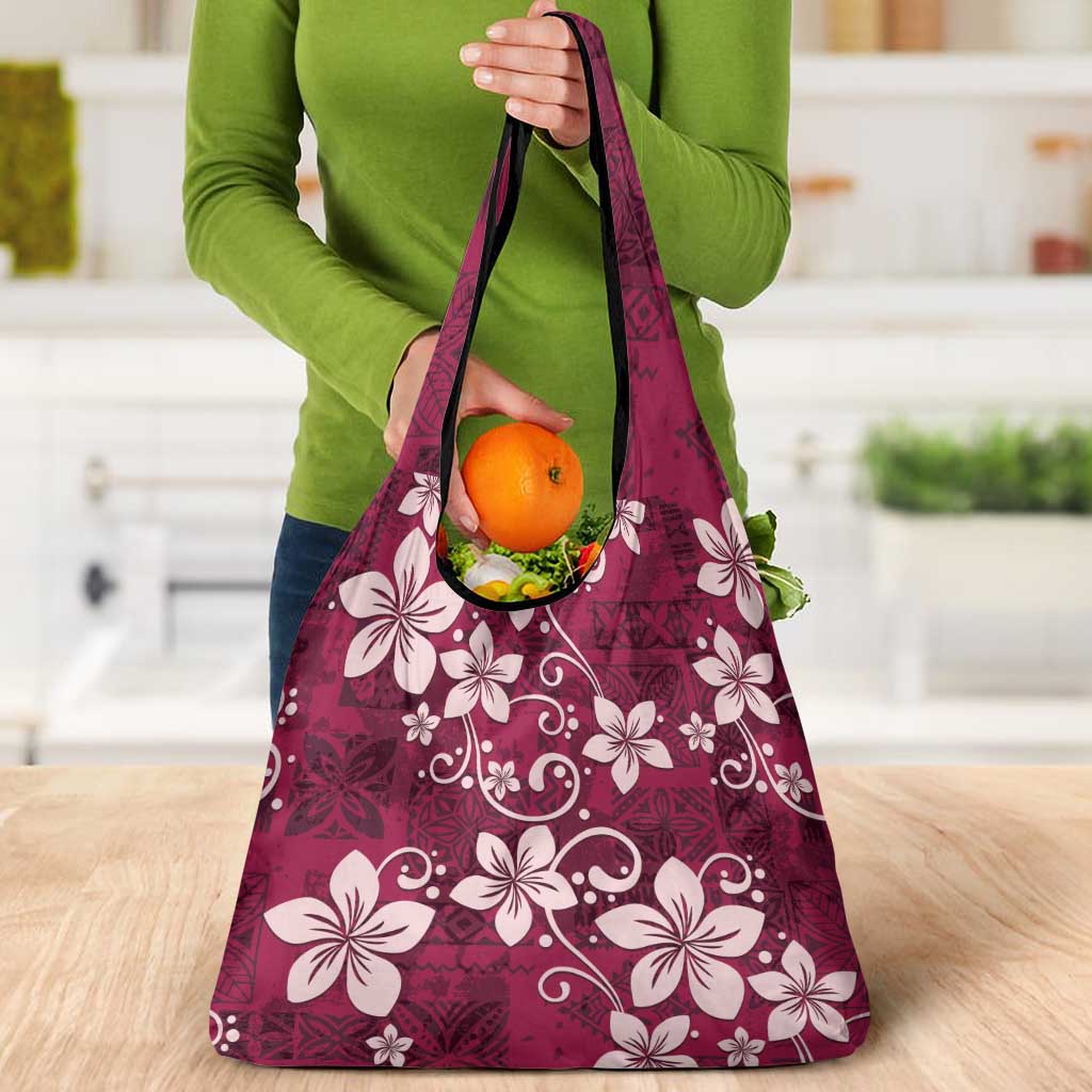 Plumeria Floral Tapa Pattern Ruby Pink Grocery Bag