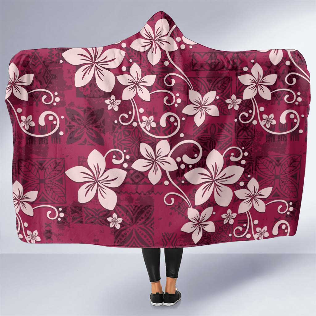 Plumeria Floral Tapa Pattern Ruby Pink Hooded Blanket