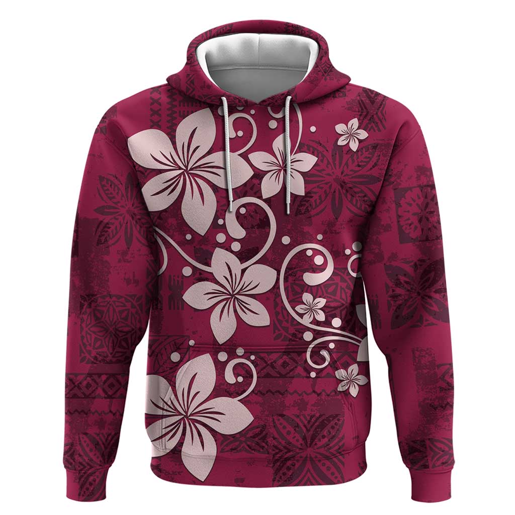 Plumeria Floral Tapa Pattern Ruby Pink Hoodie