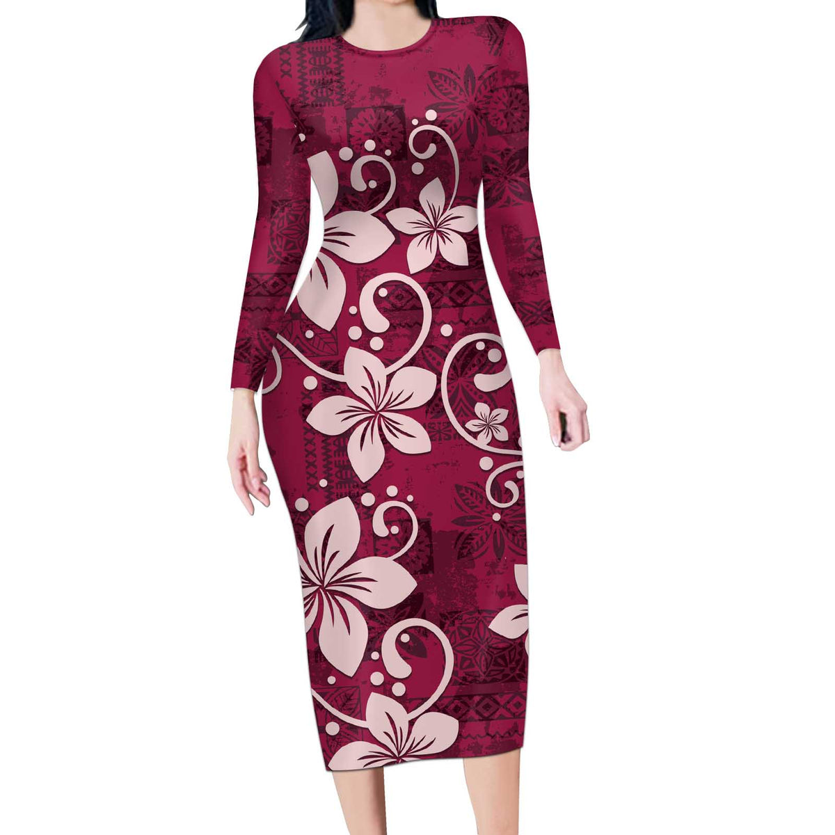 Plumeria Floral Tapa Pattern Ruby Pink Long Sleeve Bodycon Dress LT01 Long Dress Pink - Polynesian Pride