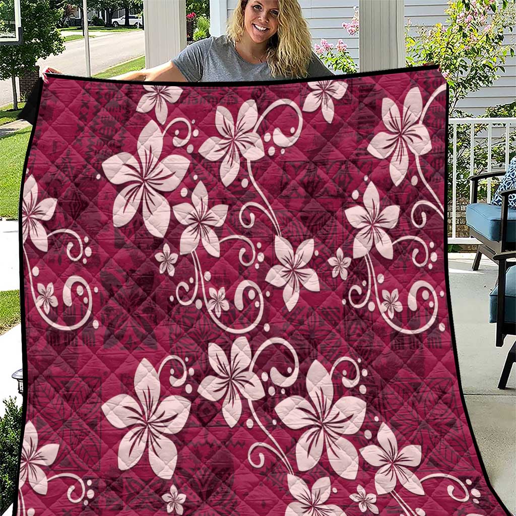 Plumeria Floral Tapa Pattern Ruby Pink Quilt