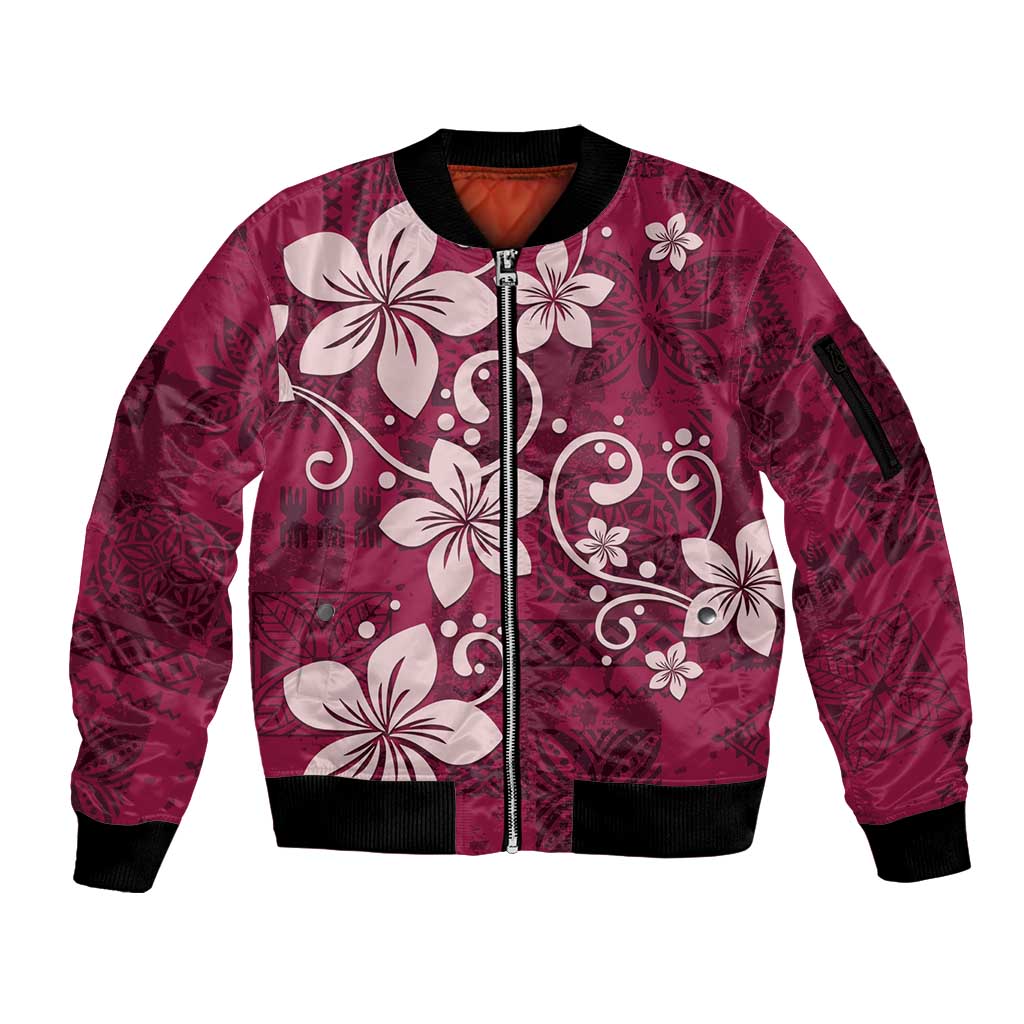 Plumeria Floral Tapa Pattern Ruby Pink Sleeve Zip Bomber Jacket