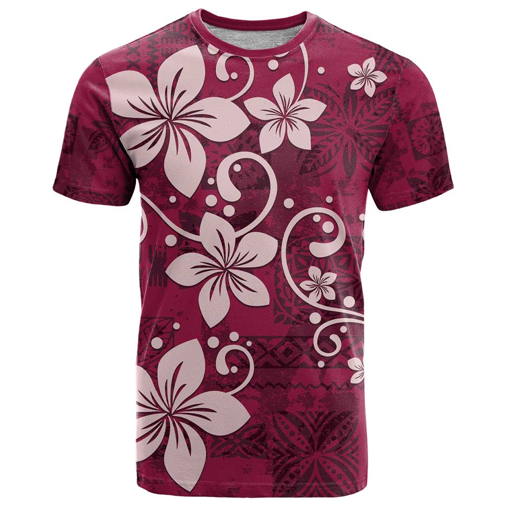 Plumeria Floral Tapa Pattern Ruby Pink T Shirt