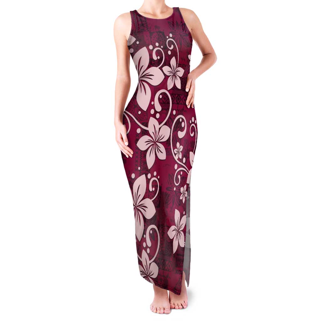 Plumeria Floral Tapa Pattern Ruby Pink Tank Maxi Dress