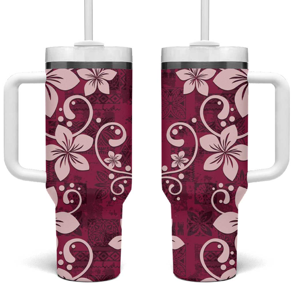 Plumeria Floral Tapa Pattern Ruby Pink Tumbler With Handle