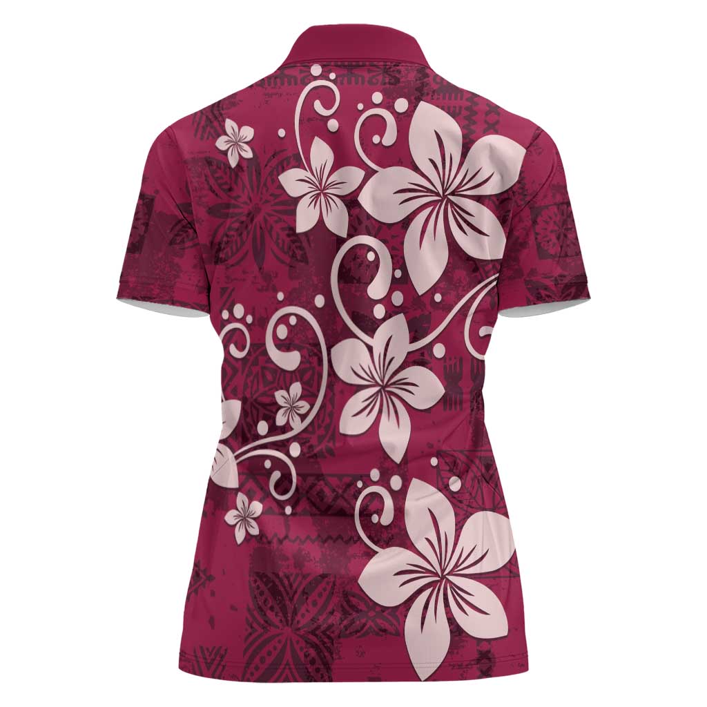 Plumeria Floral Tapa Pattern Ruby Pink Women Polo Shirt