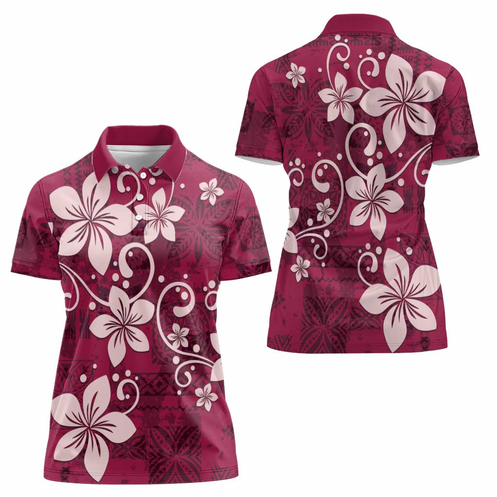 Plumeria Floral Tapa Pattern Ruby Pink Women Polo Shirt