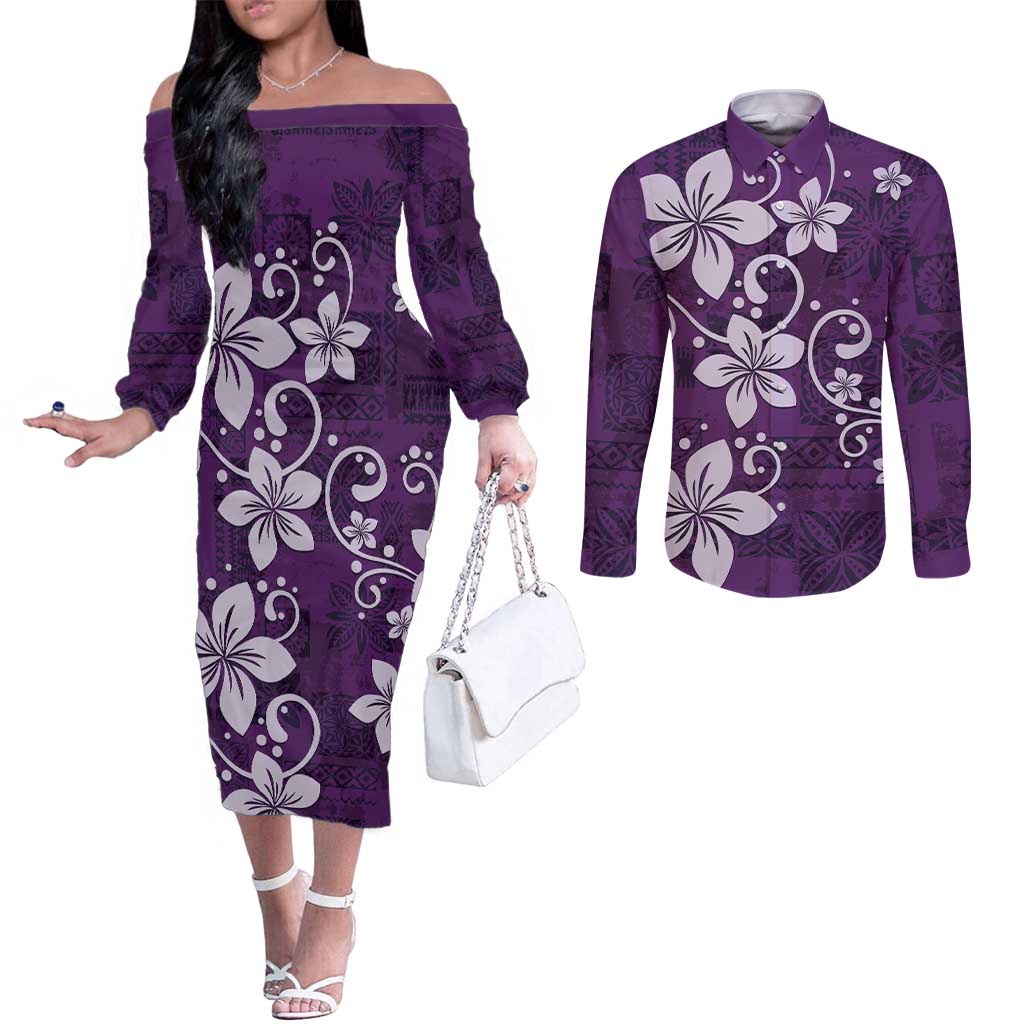 Plumeria Floral Tapa Pattern Amethyst Purple Couples Matching Off The Shoulder Long Sleeve Dress and Long Sleeve Button Shirt LT01 Purple - Polynesian Pride