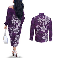 Plumeria Floral Tapa Pattern Amethyst Purple Couples Matching Off The Shoulder Long Sleeve Dress and Long Sleeve Button Shirt LT01 - Polynesian Pride